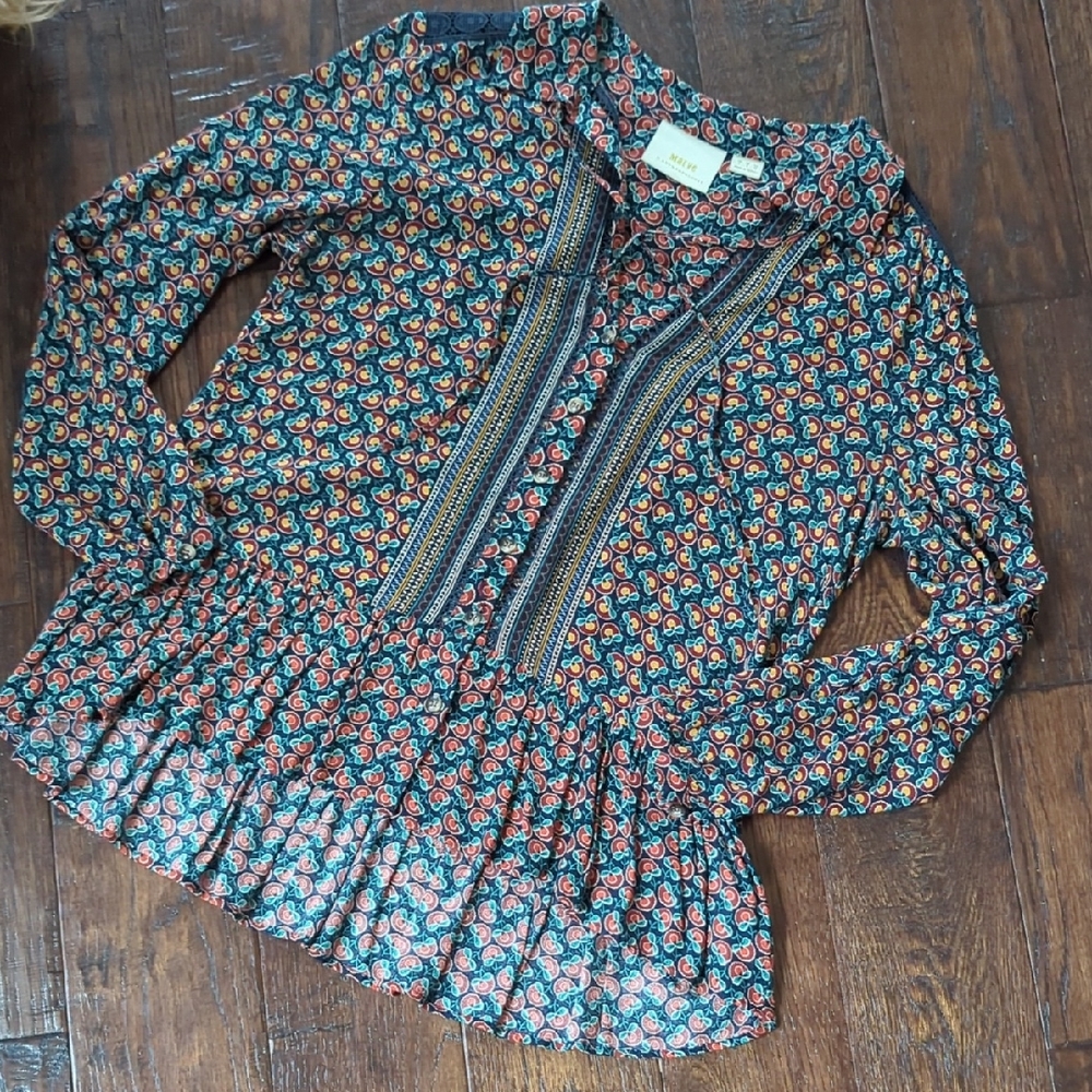 ANTHRO I Blue Motif Janie Flounced Peasant Ruffled Peplum Blouse Top by Maeve, 4 - Picture 6 of 16